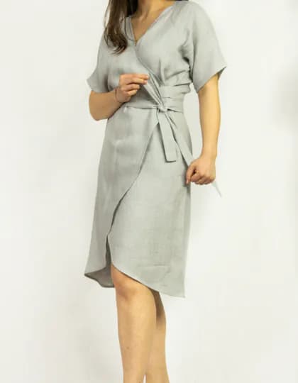 image-Light Grey linen wrap dress