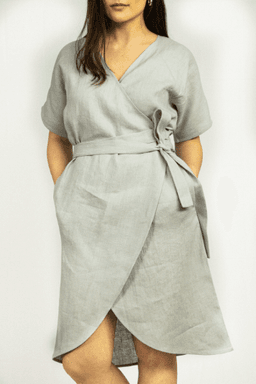 image-Light Grey linen wrap dress