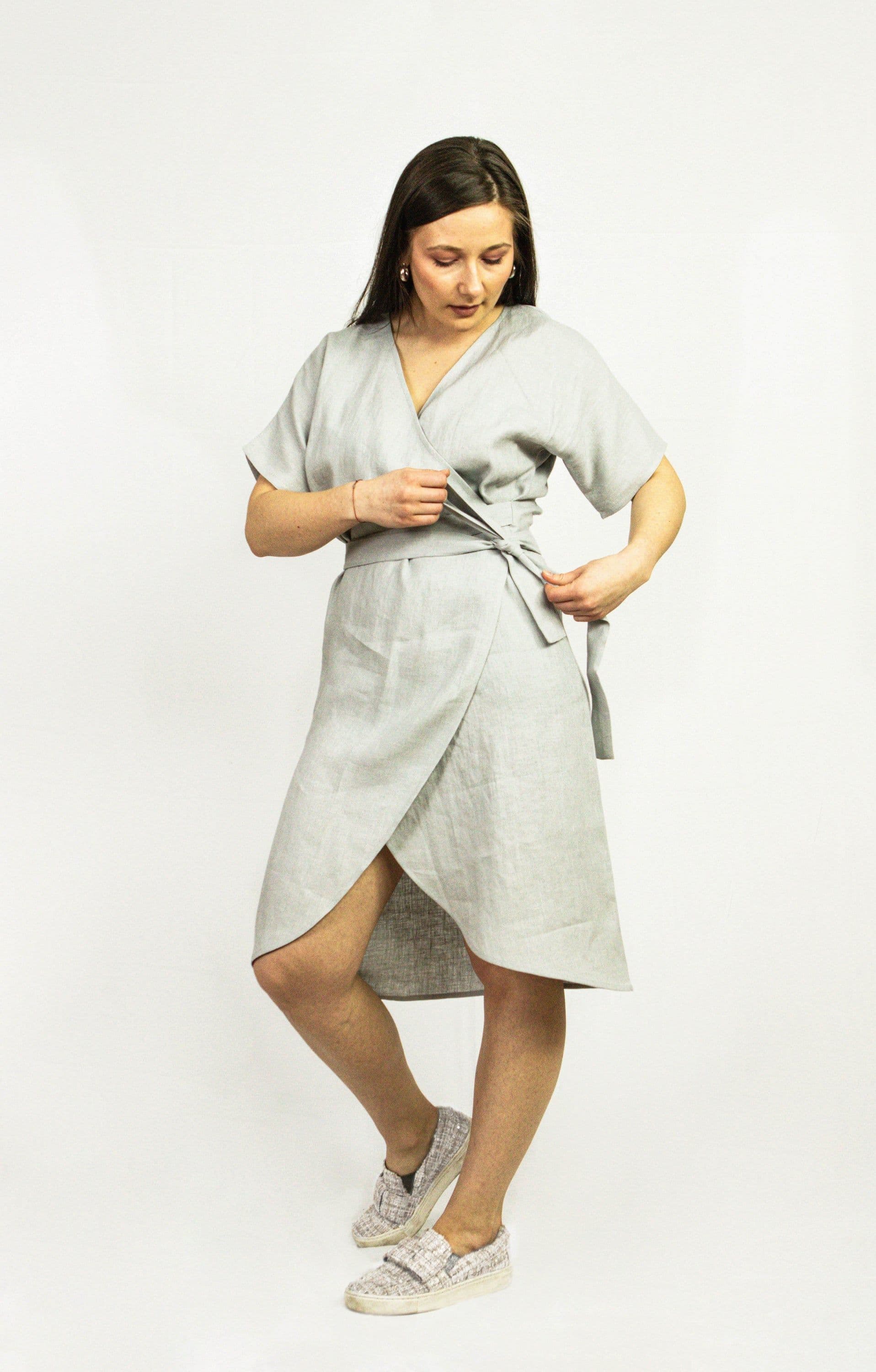 image-Light Grey linen wrap dress