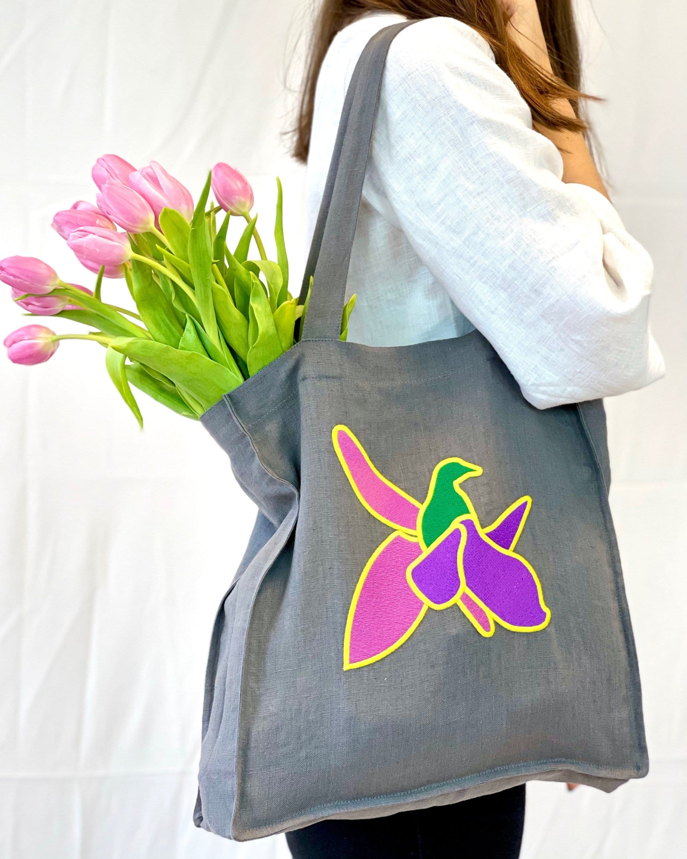 image-Grey Linen tote bag with embroidery
