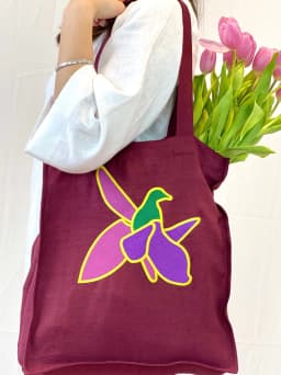 image-Dark Plum linen tote bag with embroidery