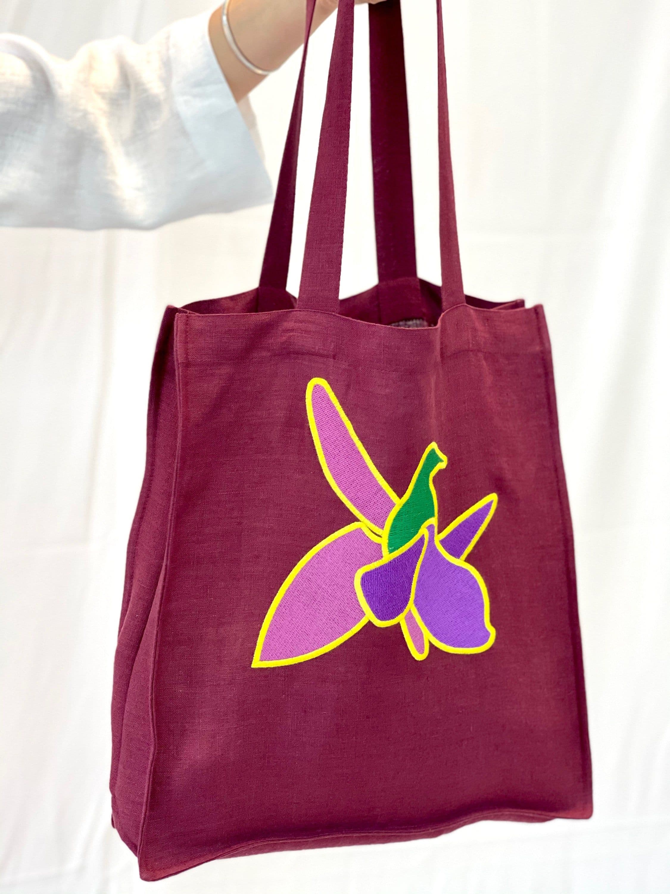 image-Dark Plum linen tote bag with embroidery