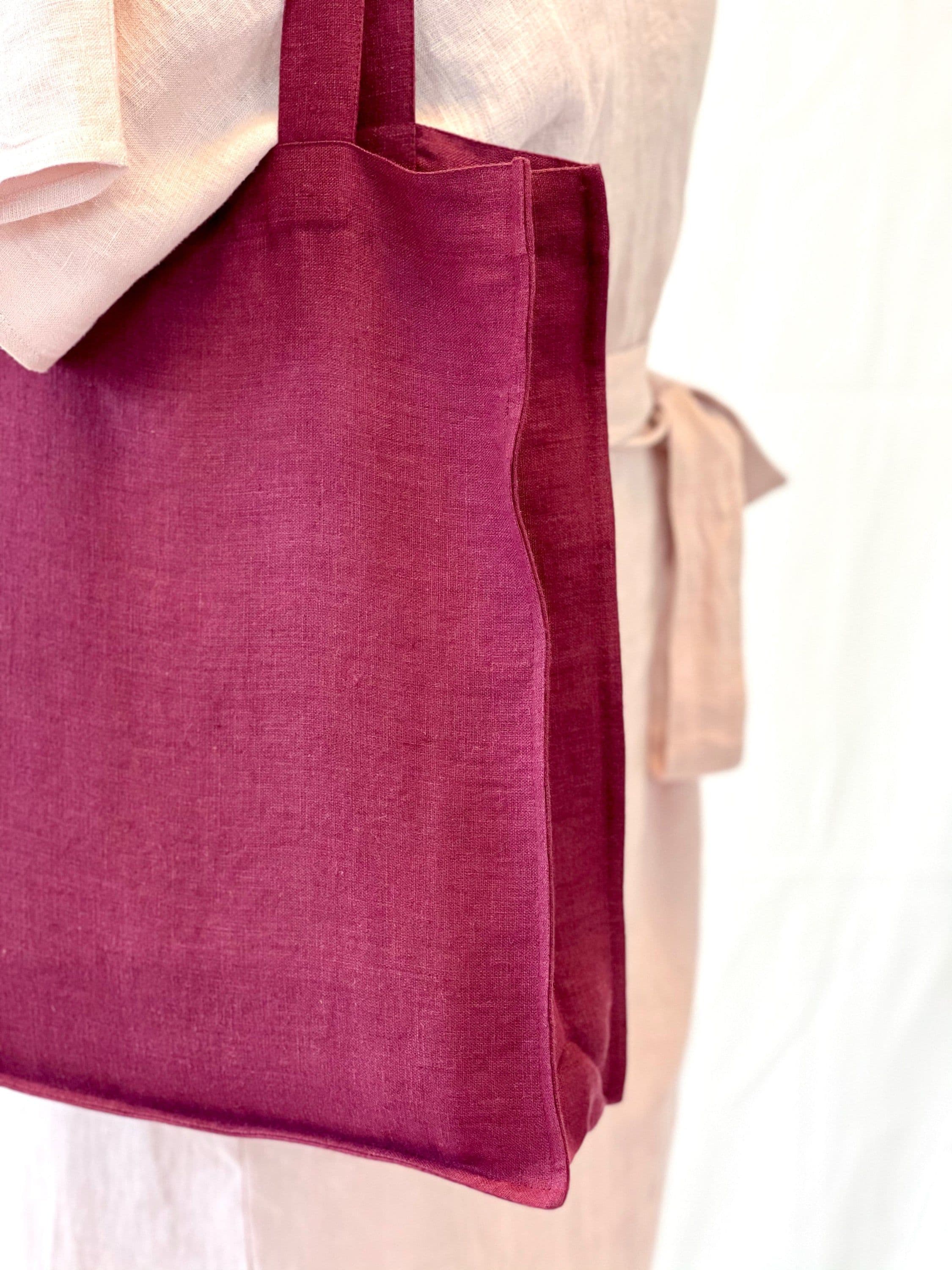 image-Dark Plum linen tote bag with embroidery