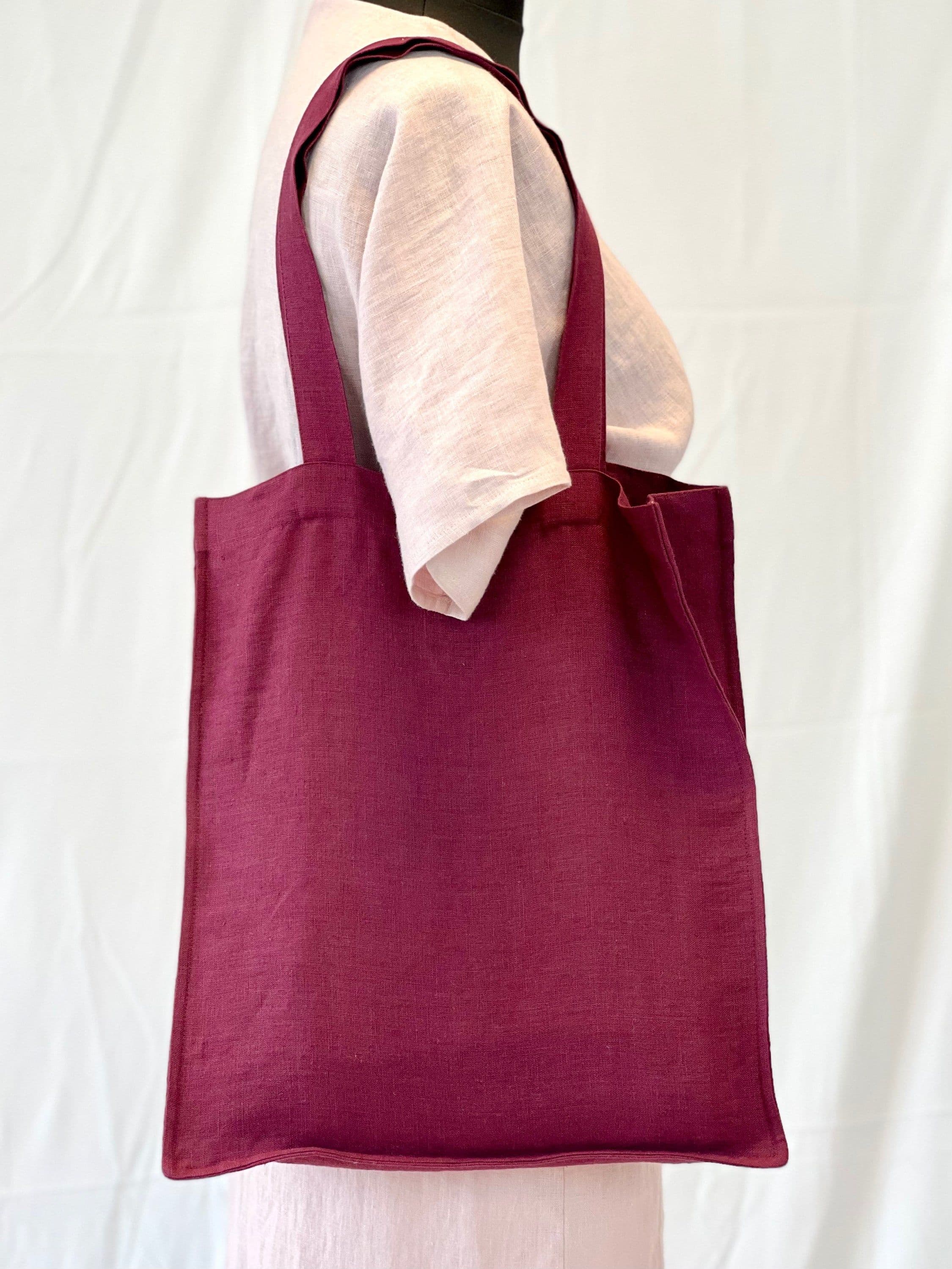 image-Dark Plum linen tote bag with embroidery