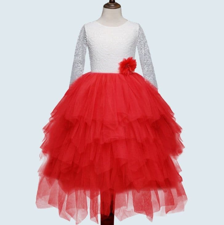 image-Autumn And Winter Explosions Hollow Children's Skirt Lace Long-sleeved Girls White Princess Dress Irregular Dress