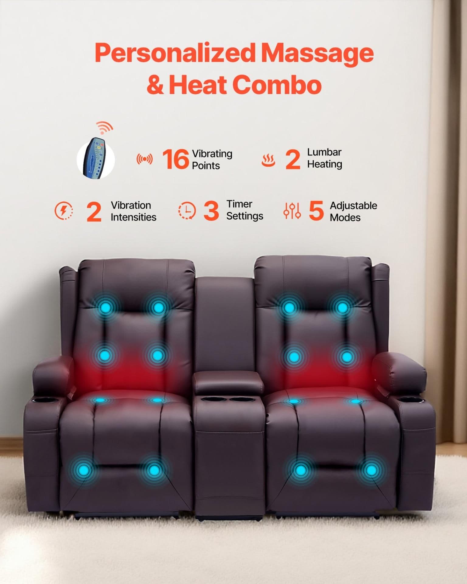 image-VEVOR Loveseat Recliner Sofa, Power Reclining Couch with Heating & Massage and Timer, PU Leather Electric Recliner Sofa with Center Console, USB Ports, Cup Holders and Side Bags for Living Room