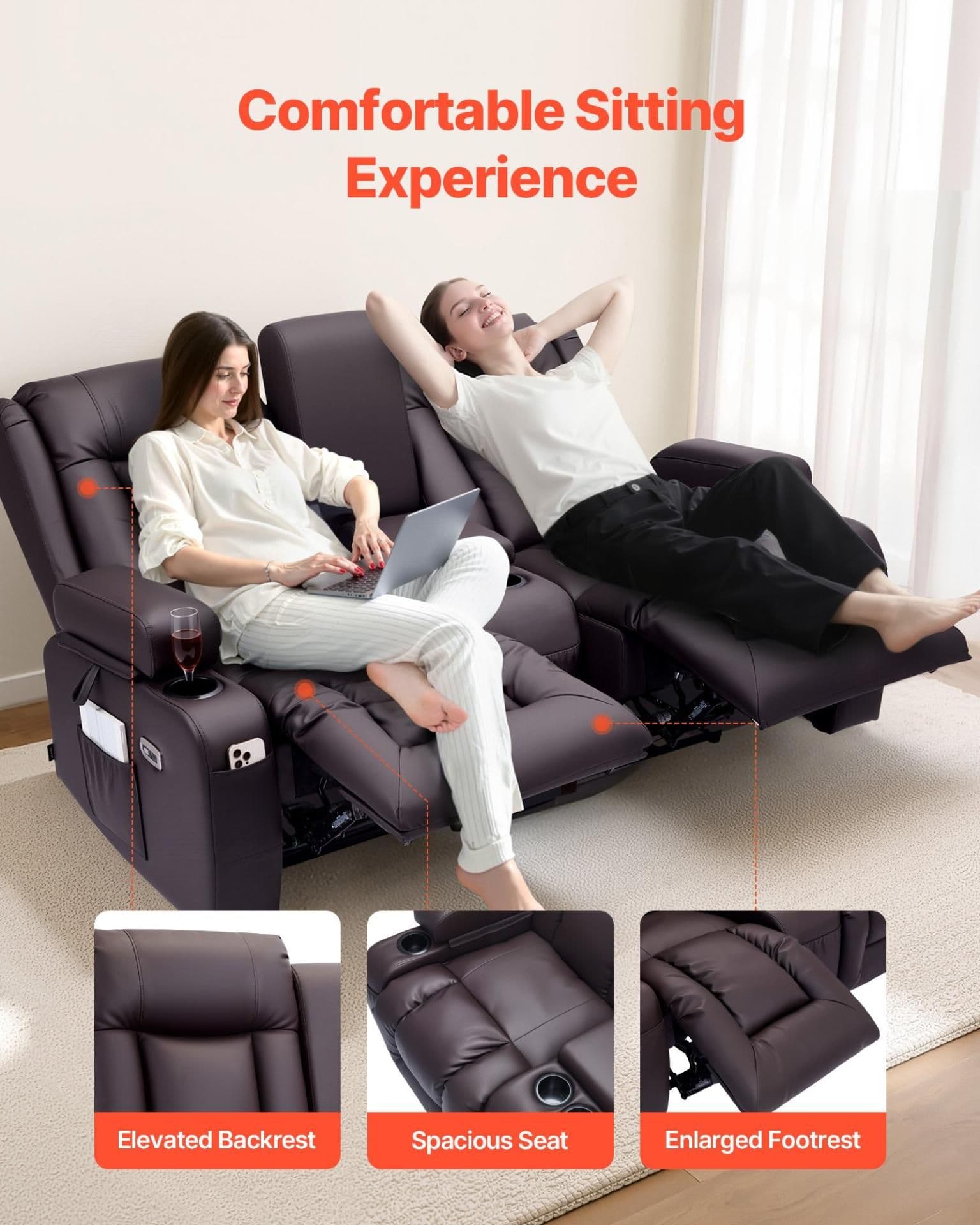 image-VEVOR Loveseat Recliner Sofa, Power Reclining Couch with Heating & Massage and Timer, PU Leather Electric Recliner Sofa with Center Console, USB Ports, Cup Holders and Side Bags for Living Room
