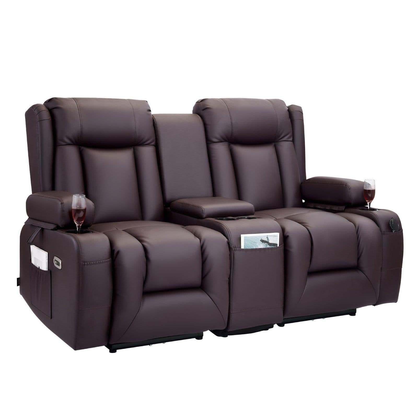 image-VEVOR Loveseat Recliner Sofa, Power Reclining Couch with Heating & Massage and Timer, PU Leather Electric Recliner Sofa with Center Console, USB Ports, Cup Holders and Side Bags for Living Room