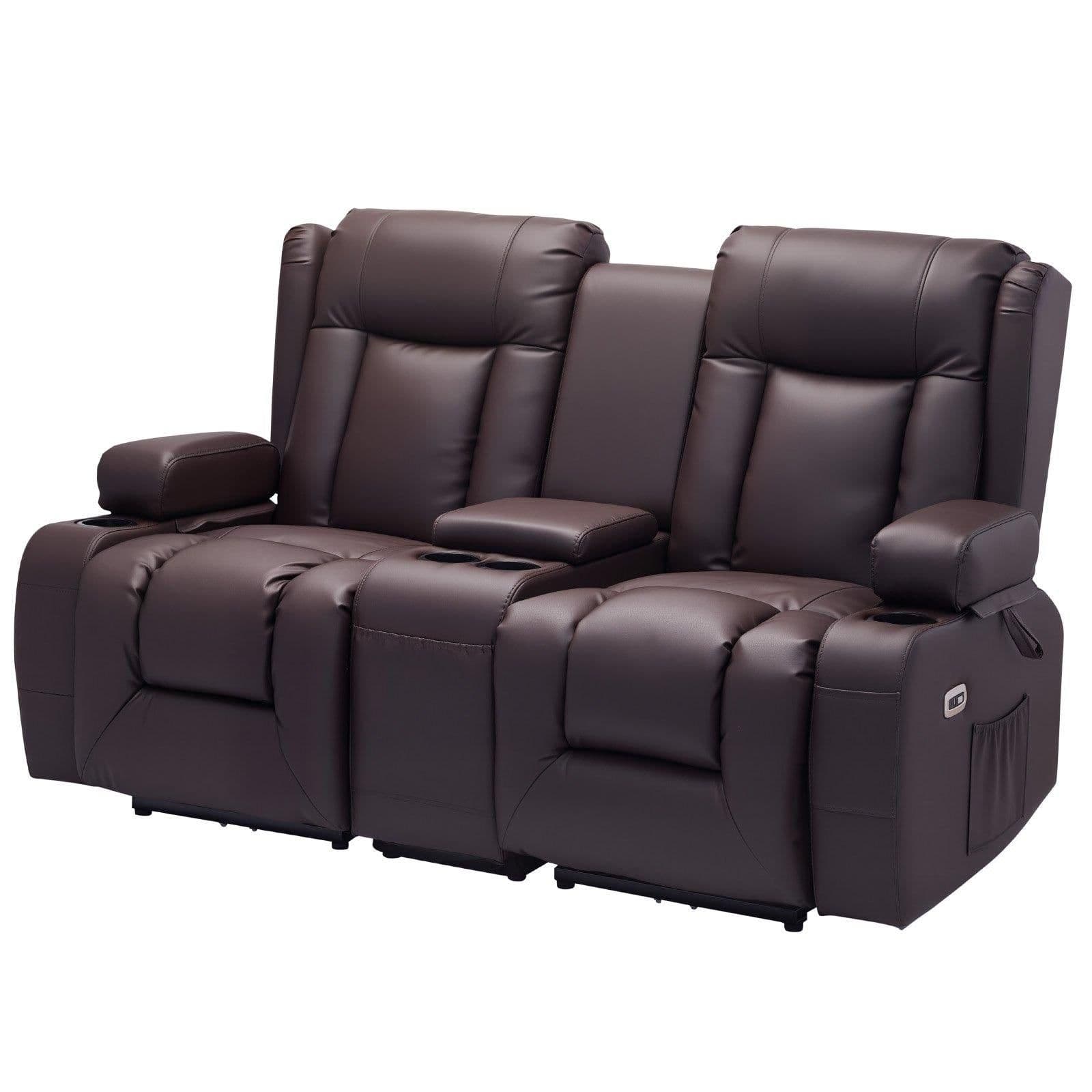 image-VEVOR Loveseat Recliner Sofa, Power Reclining Couch with Heating & Massage and Timer, PU Leather Electric Recliner Sofa with Center Console, USB Ports, Cup Holders and Side Bags for Living Room
