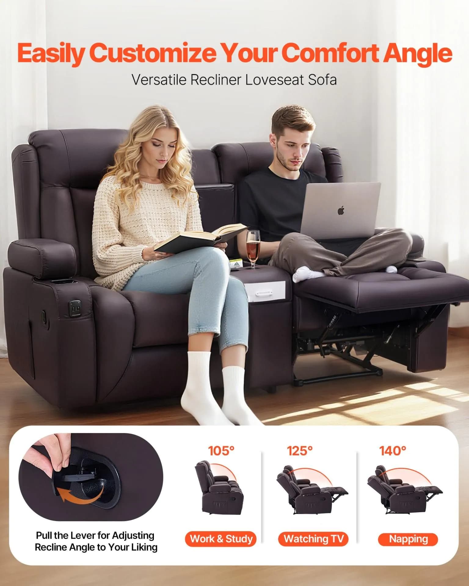 image-VEVOR Loveseat Recliner Sofa, Manual Reclining Couch with Center Console, PU Faux Leather Recliner Sofa with USB Ports, Cup Holders and Storage Bags, Dual Loveseat Chair for Living Room/RV, Brown