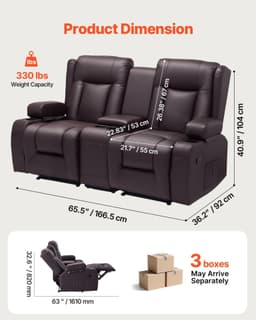 image-VEVOR Loveseat Recliner Sofa, Manual Reclining Couch with Center Console, PU Faux Leather Recliner Sofa with USB Ports, Cup Holders and Storage Bags, Dual Loveseat Chair for Living Room/RV, Brown