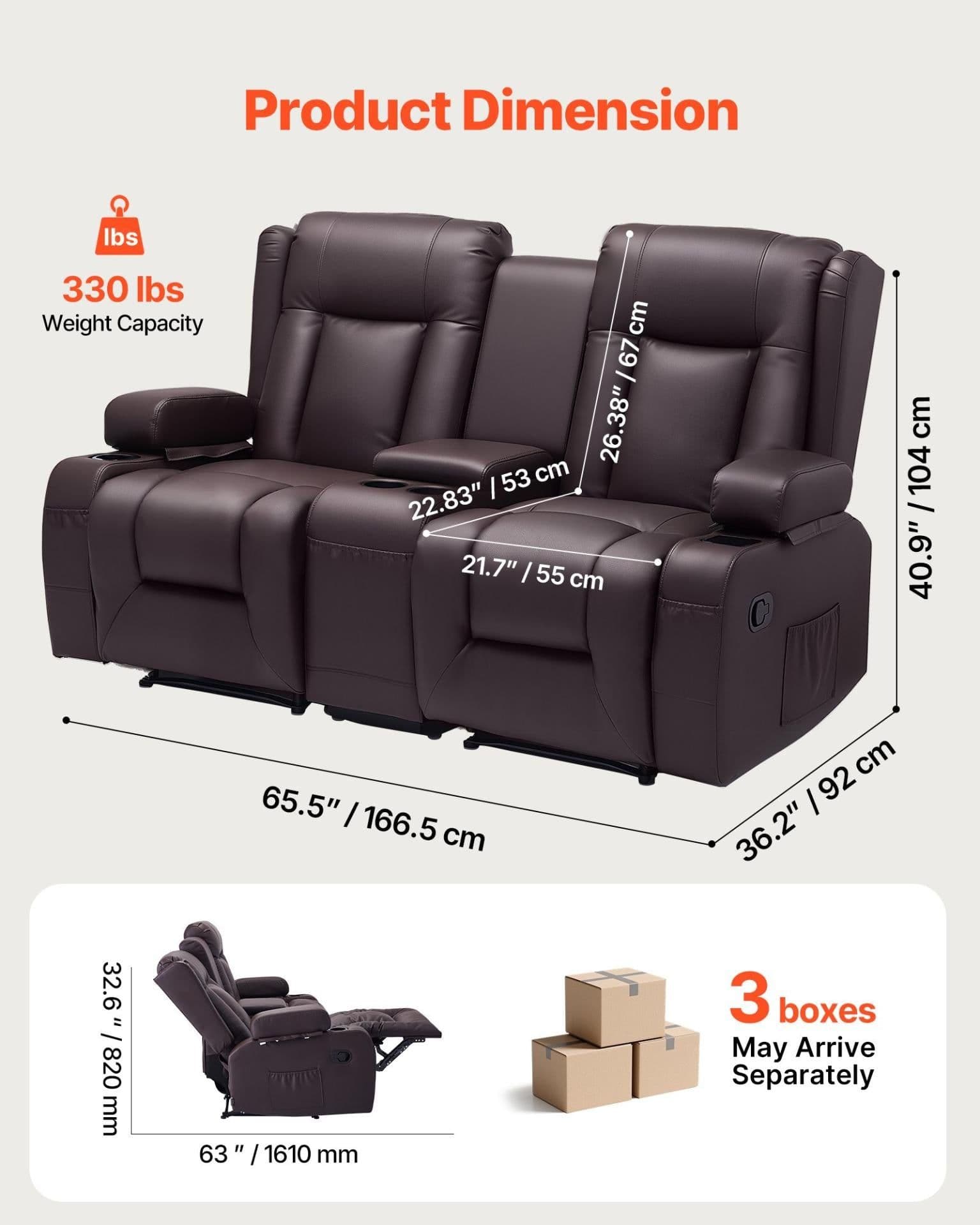 image-VEVOR Loveseat Recliner Sofa, Manual Reclining Couch with Center Console, PU Faux Leather Recliner Sofa with USB Ports, Cup Holders and Storage Bags, Dual Loveseat Chair for Living Room/RV, Brown