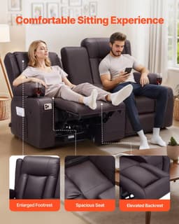image-VEVOR Loveseat Recliner Sofa, Manual Reclining Couch with Center Console, PU Faux Leather Recliner Sofa with USB Ports, Cup Holders and Storage Bags, Dual Loveseat Chair for Living Room/RV, Brown