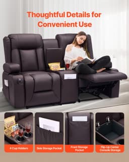 image-VEVOR Loveseat Recliner Sofa, Manual Reclining Couch with Center Console, PU Faux Leather Recliner Sofa with USB Ports, Cup Holders and Storage Bags, Dual Loveseat Chair for Living Room/RV, Brown