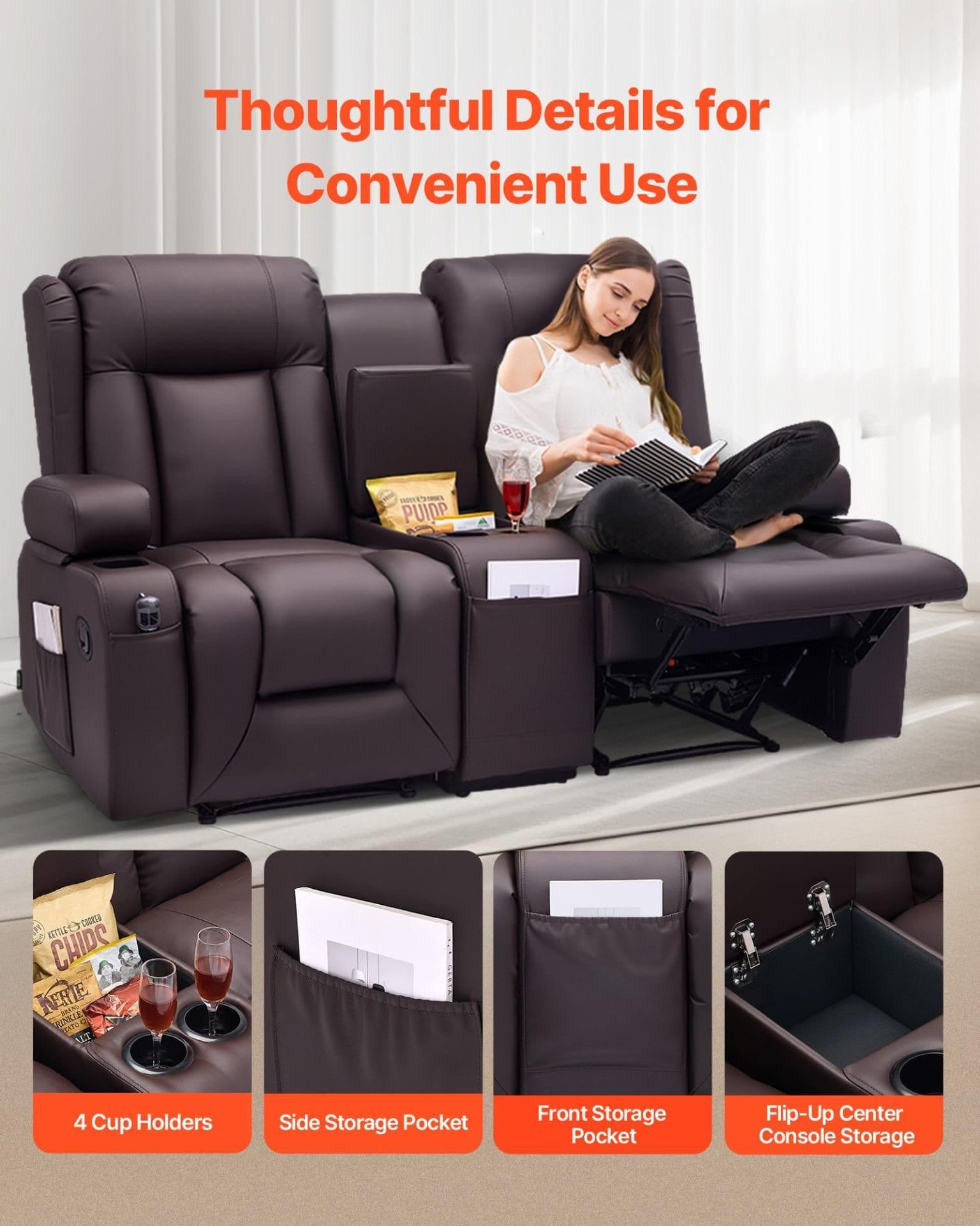 image-VEVOR Loveseat Recliner Sofa, Manual Reclining Couch with Center Console, PU Faux Leather Recliner Sofa with USB Ports, Cup Holders and Storage Bags, Dual Loveseat Chair for Living Room/RV, Brown
