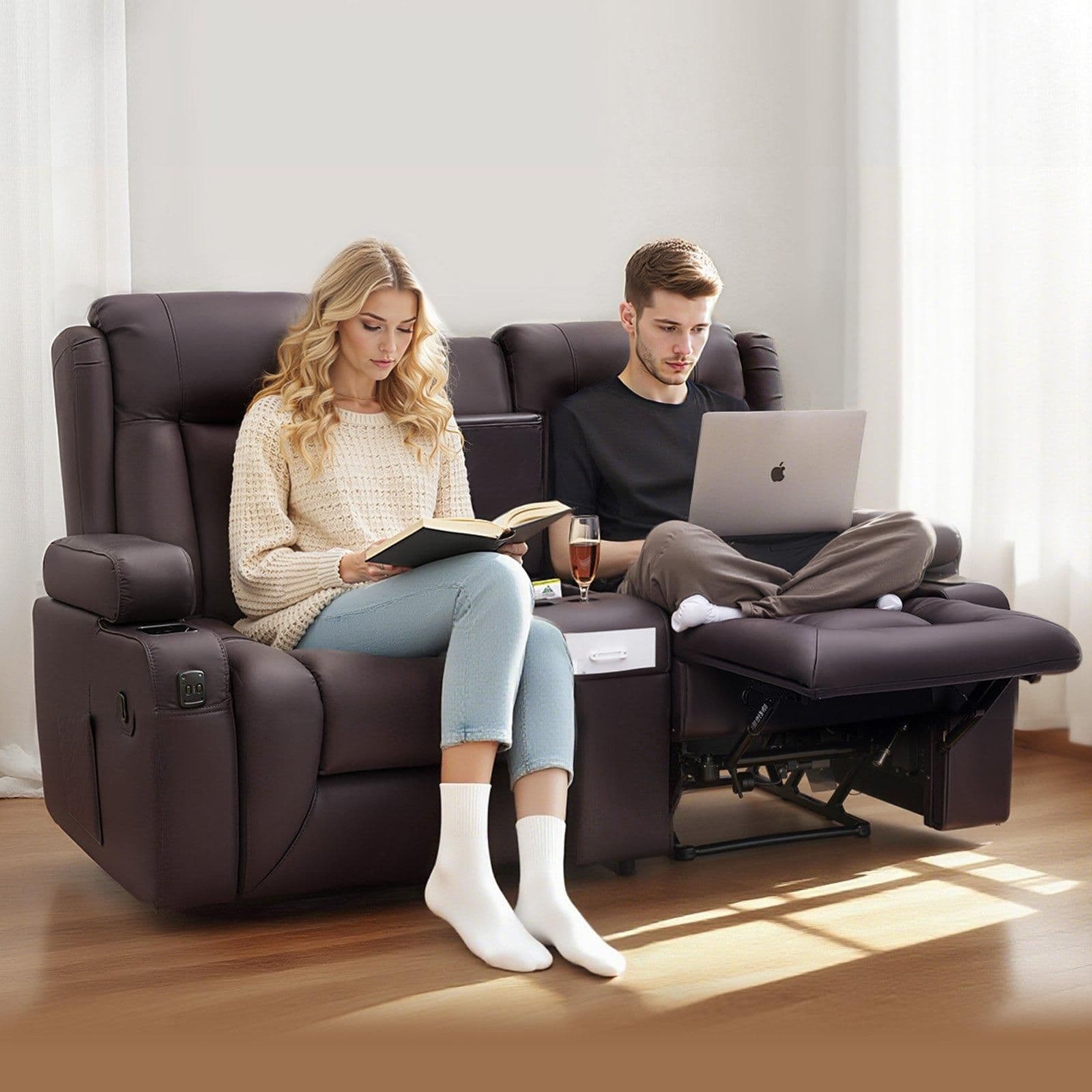 image-VEVOR Loveseat Recliner Sofa, Manual Reclining Couch with Center Console, PU Faux Leather Recliner Sofa with USB Ports, Cup Holders and Storage Bags, Dual Loveseat Chair for Living Room/RV, Brown
