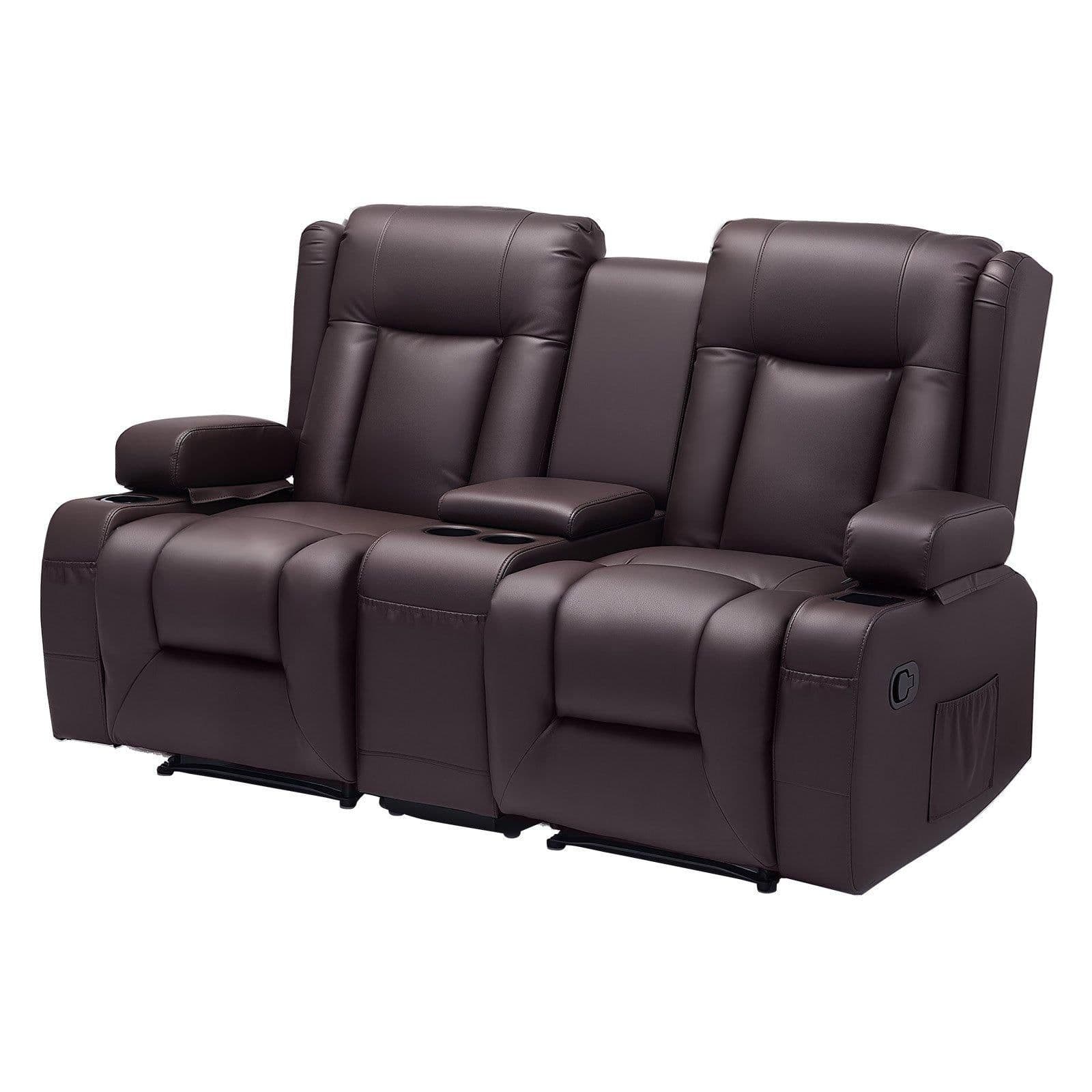 image-VEVOR Loveseat Recliner Sofa, Manual Reclining Couch with Center Console, PU Faux Leather Recliner Sofa with USB Ports, Cup Holders and Storage Bags, Dual Loveseat Chair for Living Room/RV, Brown