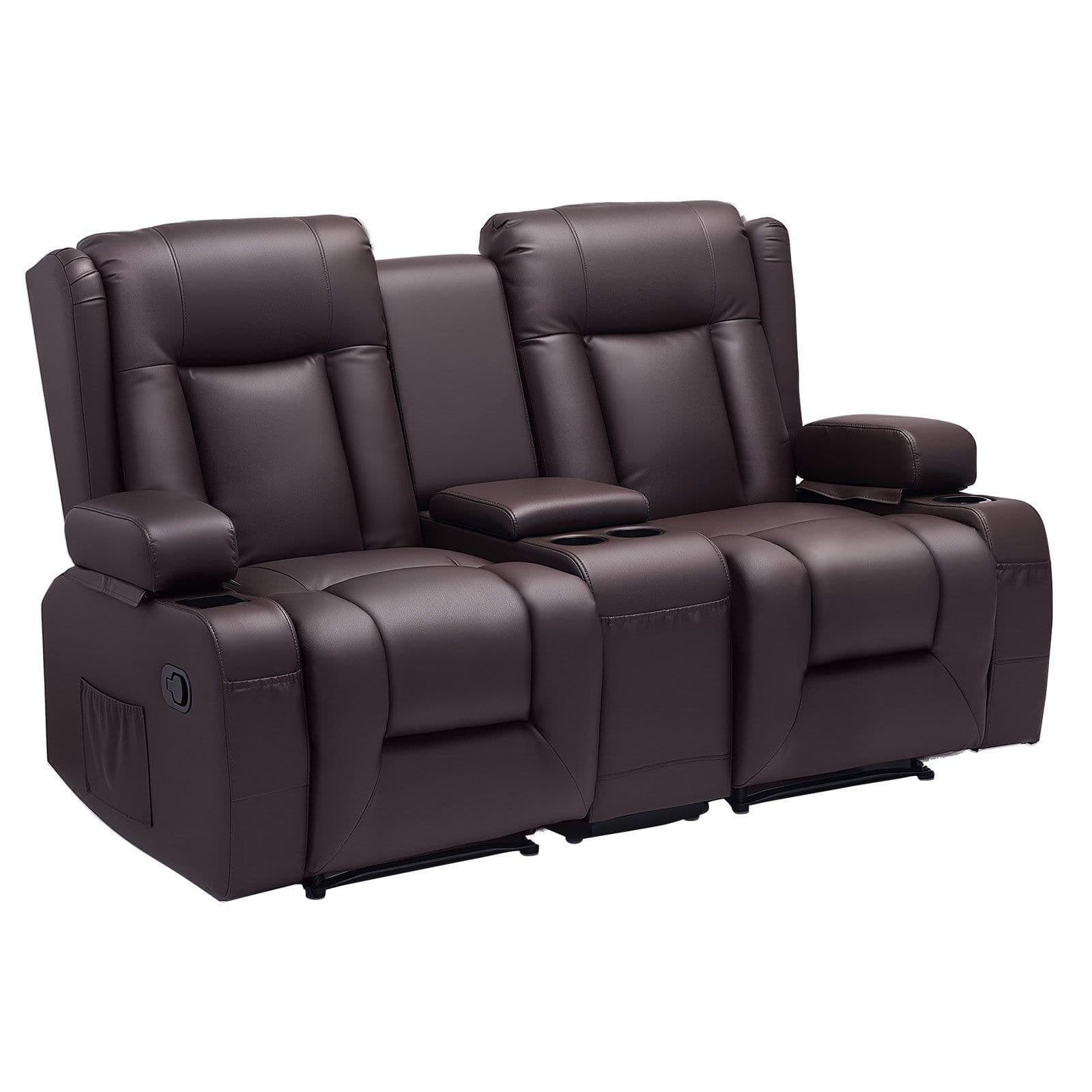 image-VEVOR Loveseat Recliner Sofa, Manual Reclining Couch with Center Console, PU Faux Leather Recliner Sofa with USB Ports, Cup Holders and Storage Bags, Dual Loveseat Chair for Living Room/RV, Brown