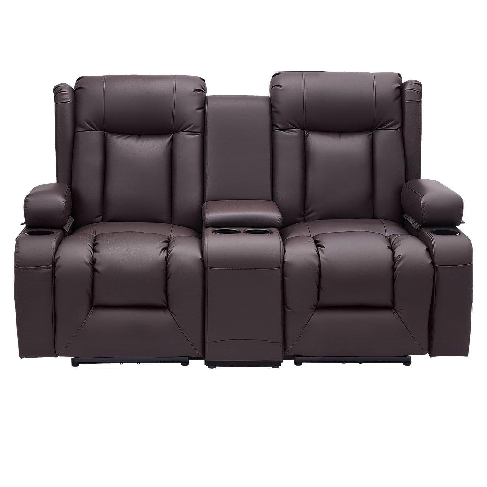image-VEVOR Loveseat Recliner Sofa, Manual Reclining Couch with Center Console, PU Faux Leather Recliner Sofa with USB Ports, Cup Holders and Storage Bags, Dual Loveseat Chair for Living Room/RV, Brown