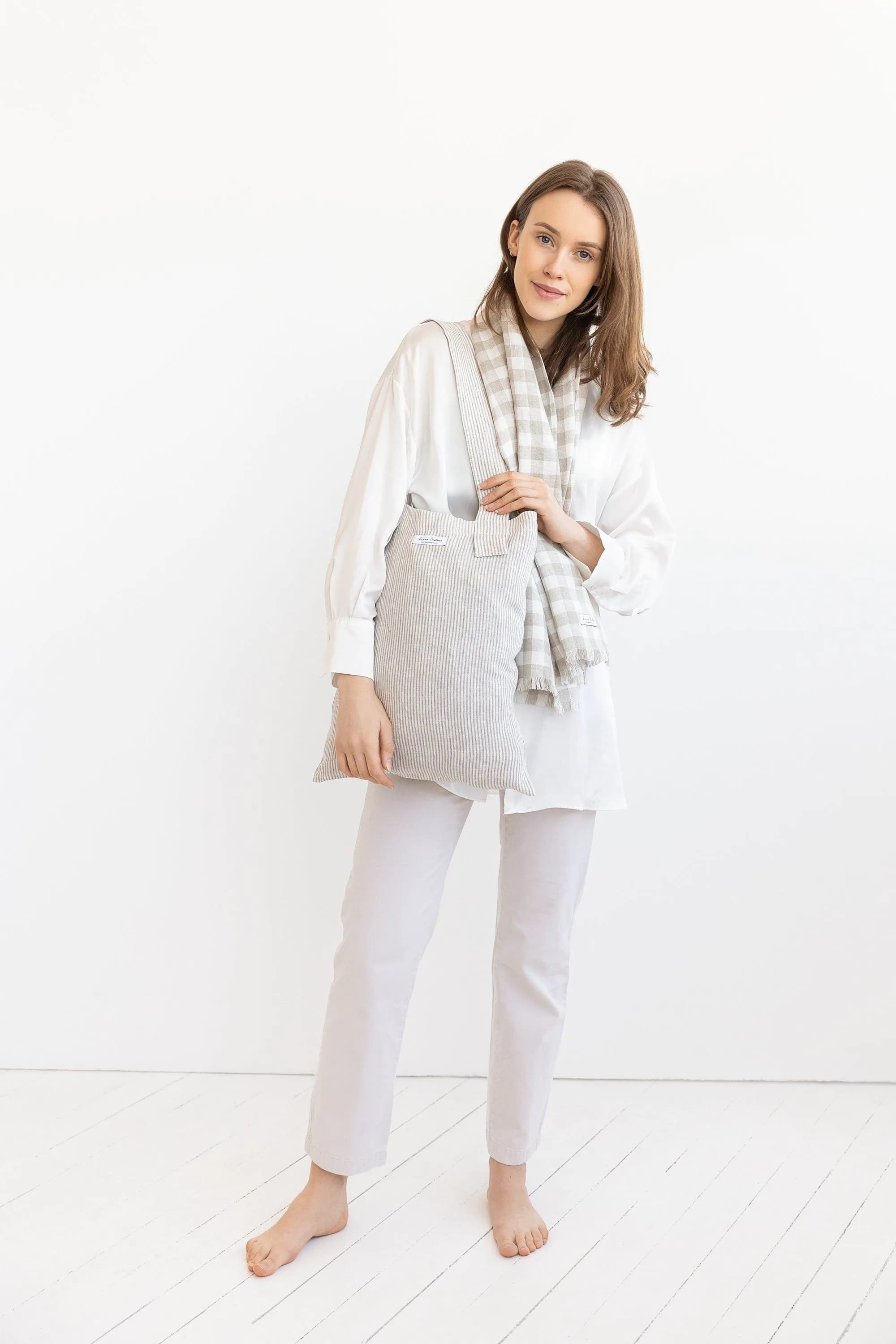 image-Striped Beige linen large tote bag