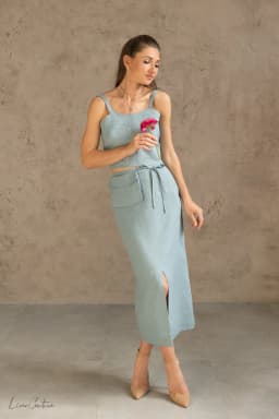 image-Bella Vita Set in Greyish Mint | Linen Crop Top and Midi Skirt