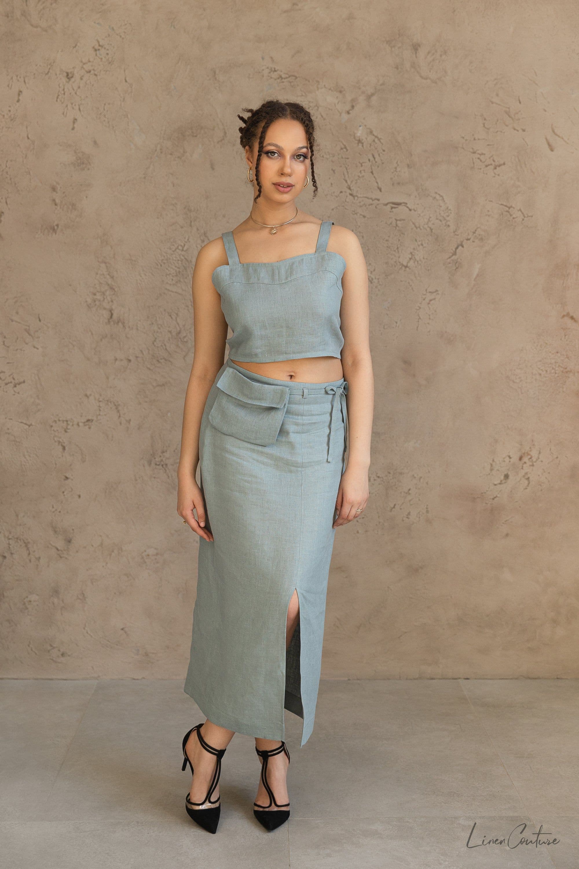 image-Bella Vita Set in Greyish Mint | Linen Crop Top and Midi Skirt
