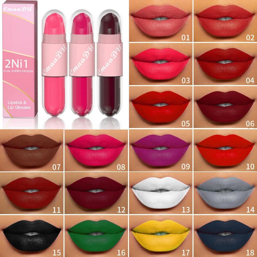 image-18 Colors 2 in 1 Matte Lipstick Liquid Purple Lip Glaze Double Head