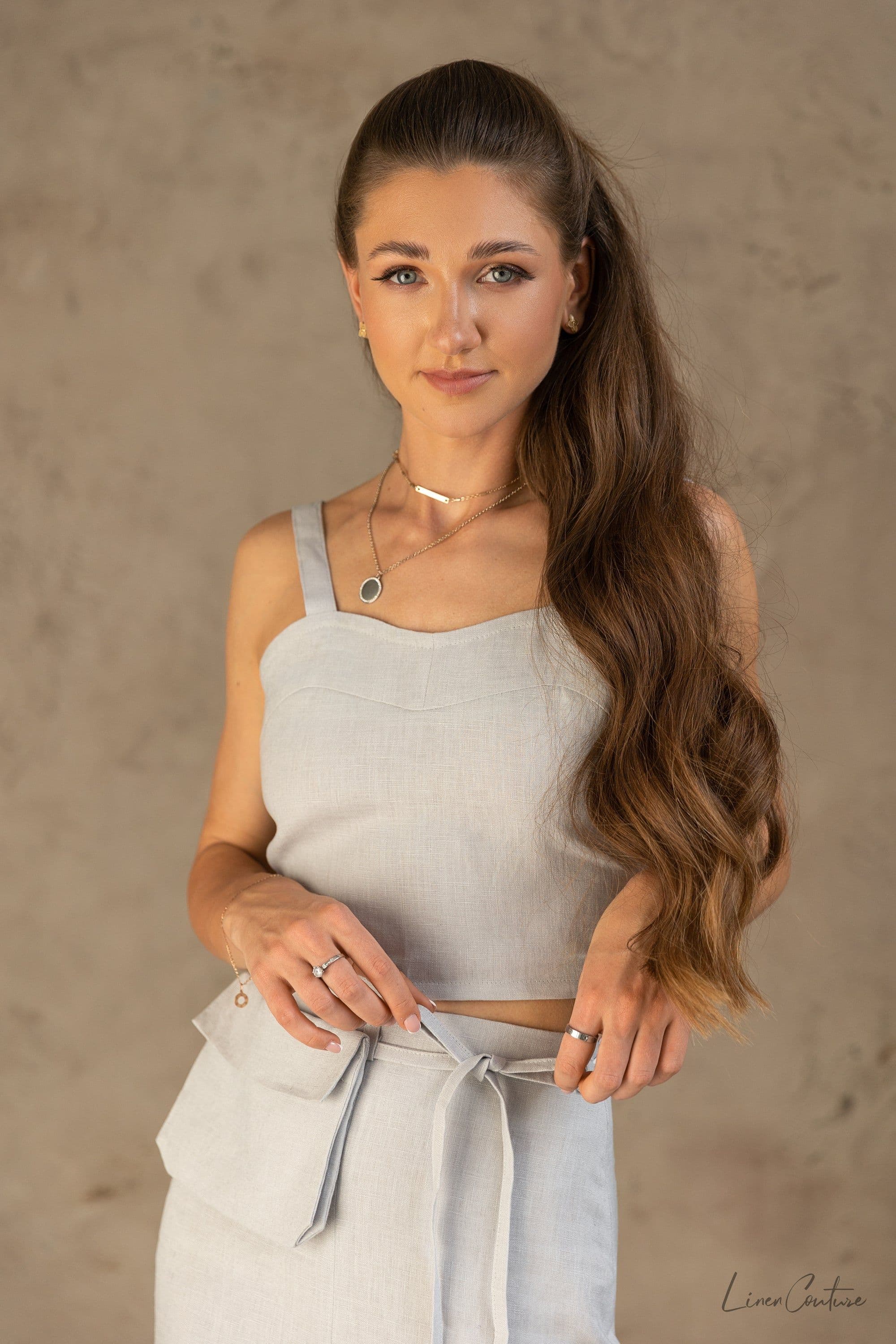 image-Bella Vita Set in Light Grey | Linen Crop Top and Midi Skirt
