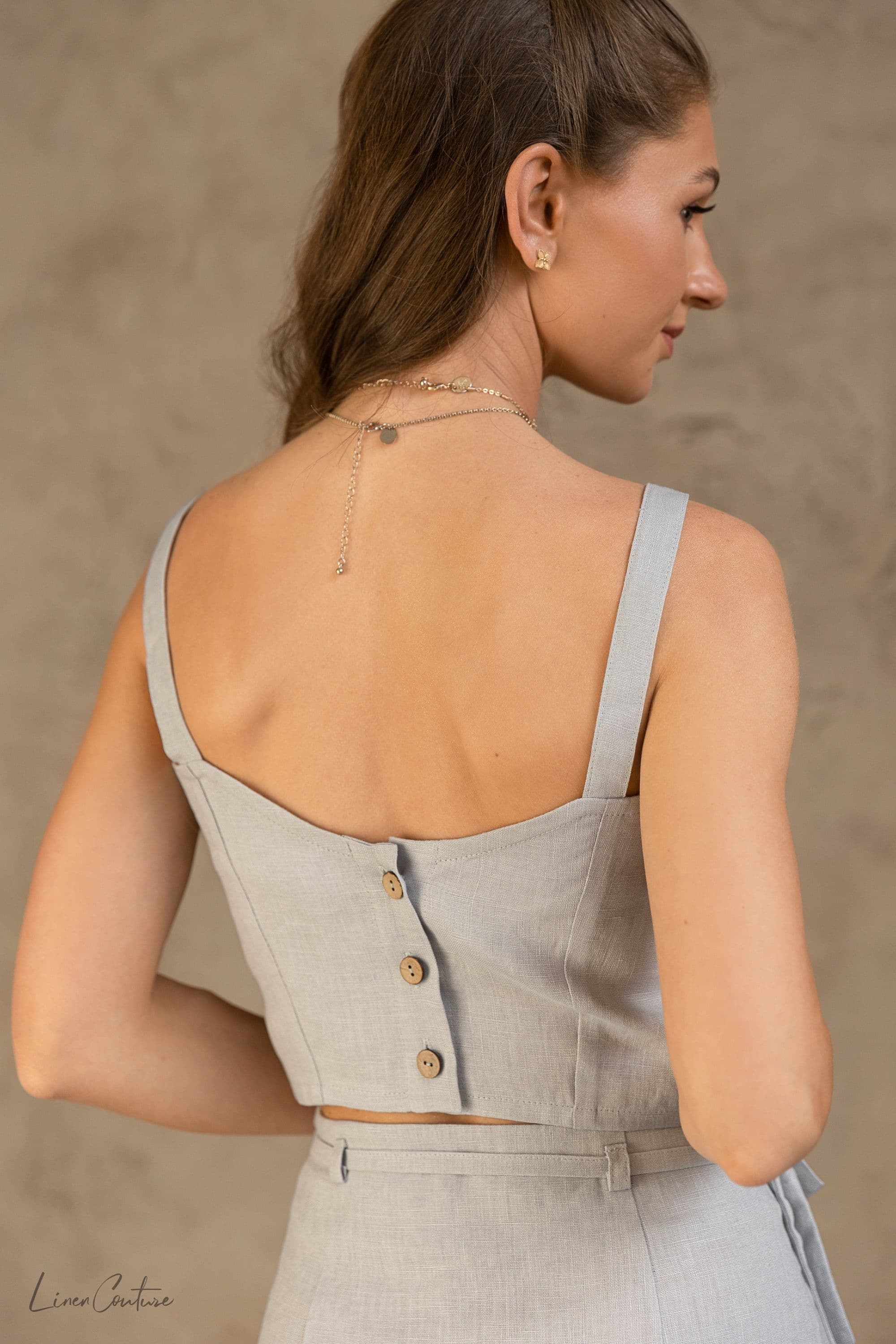 image-Bella Vita Set in Light Grey | Linen Crop Top and Midi Skirt