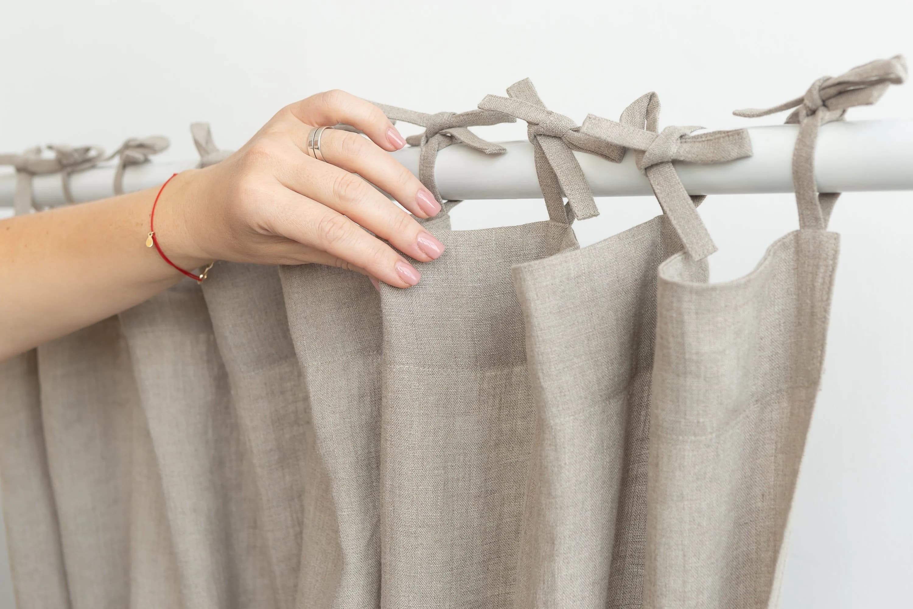 image-Natural linen curtain with tie top