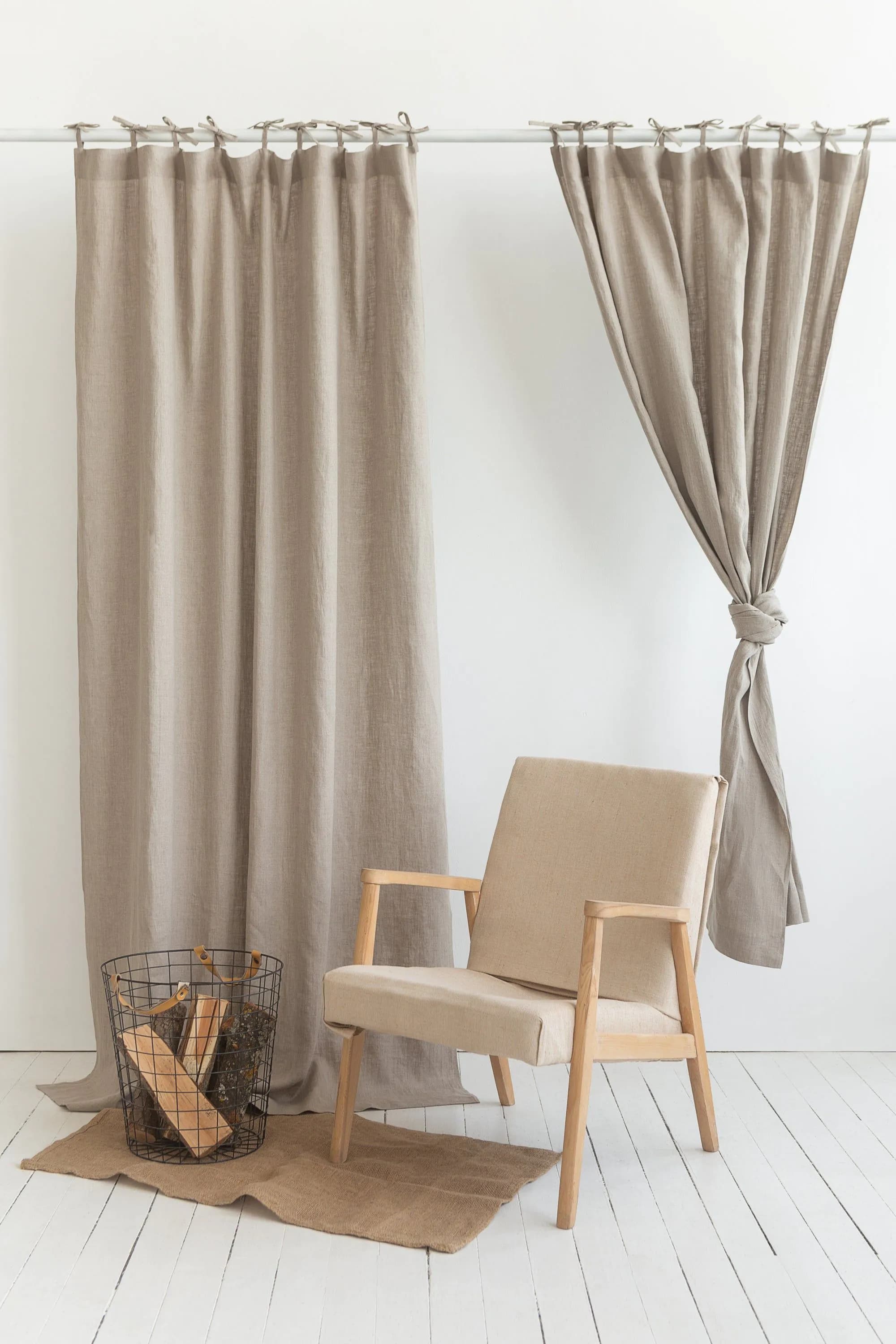image-Natural linen curtain with tie top