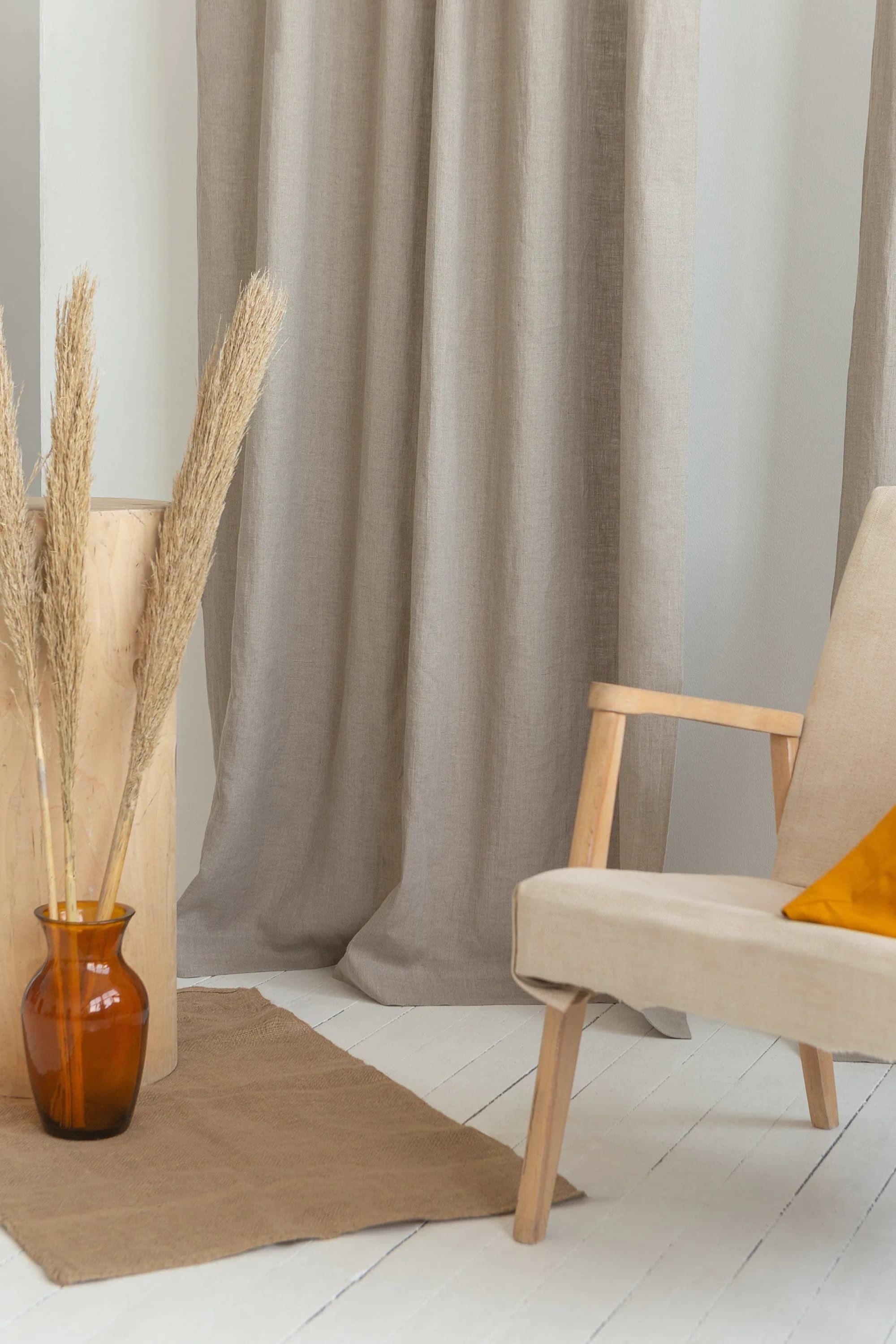 image-Natural linen curtain with tie top