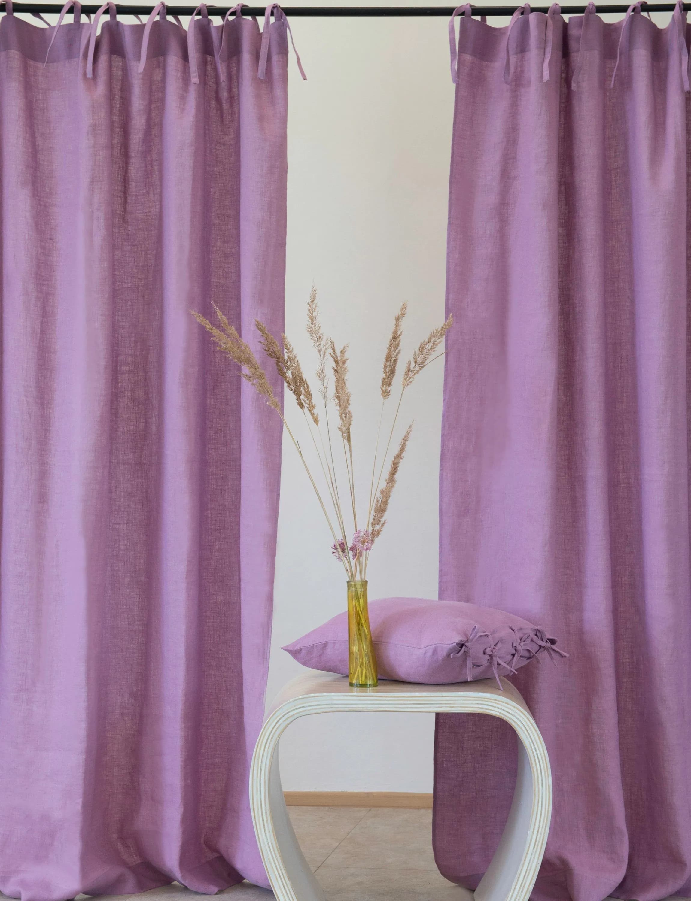 image-Natural linen curtain with tie top