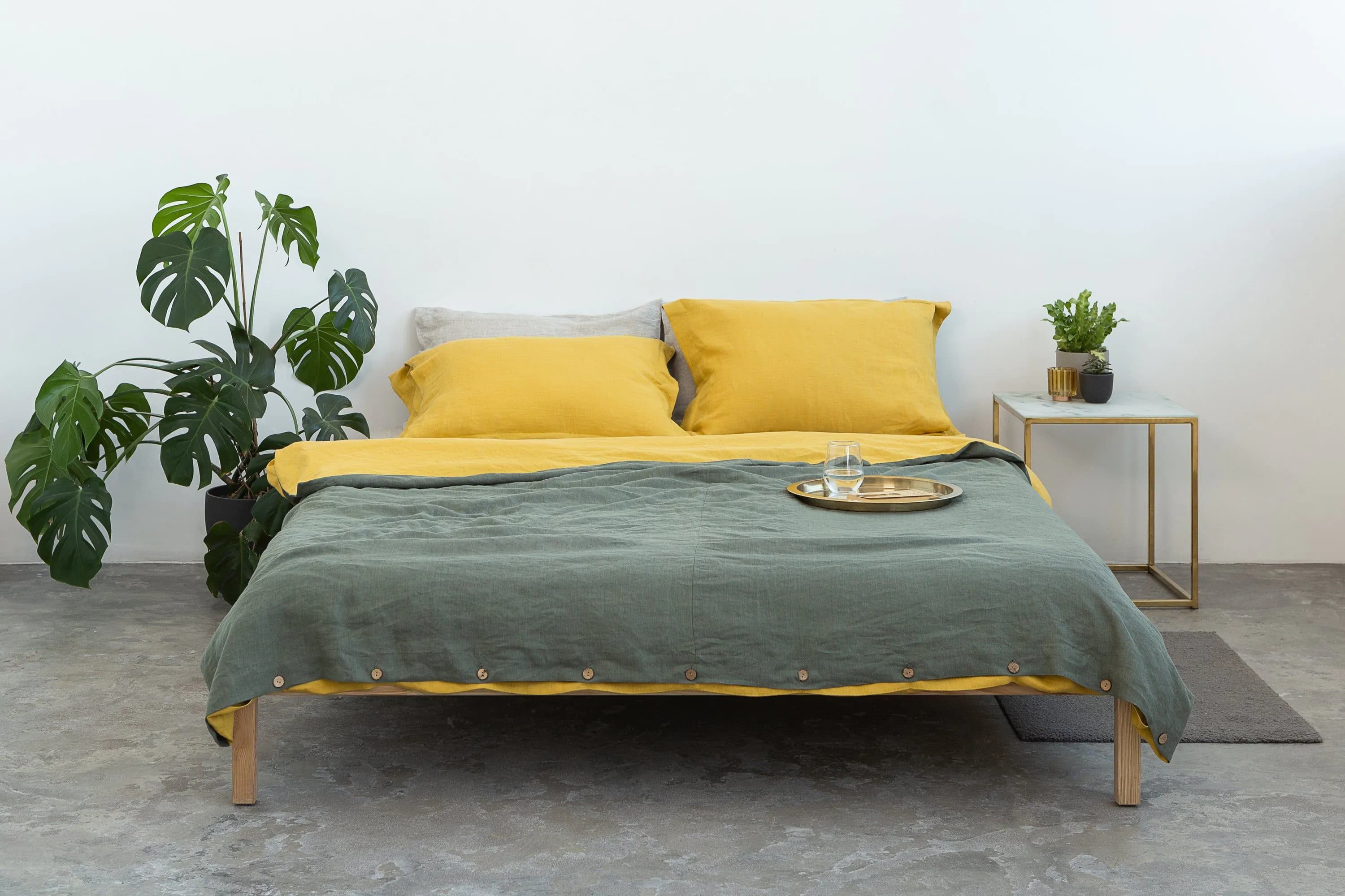 image-Honey and Safari Green double linen bedding set