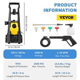 image-VEVOR Electric Pressure Washer, 2000 PSI, Max. 1.76 GPM Power Washer with 30 ft Hose, 5 Quick Connect Nozzles, Foam Cannon, Portable to Clean Patios, Cars, Fences, Driveways, ETL Listed