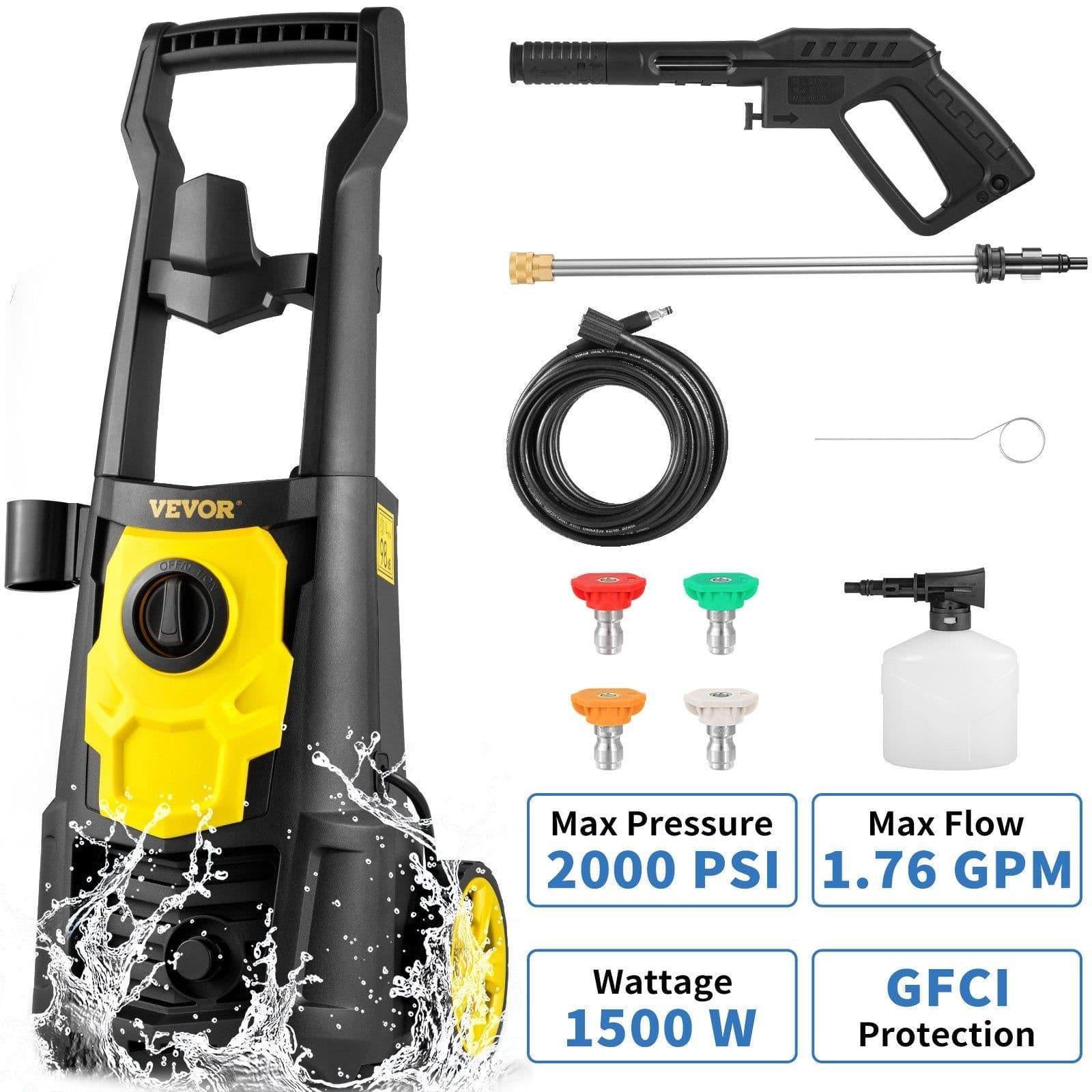 image-VEVOR Electric Pressure Washer, 2000 PSI, Max. 1.76 GPM Power Washer with 30 ft Hose, 5 Quick Connect Nozzles, Foam Cannon, Portable to Clean Patios, Cars, Fences, Driveways, ETL Listed