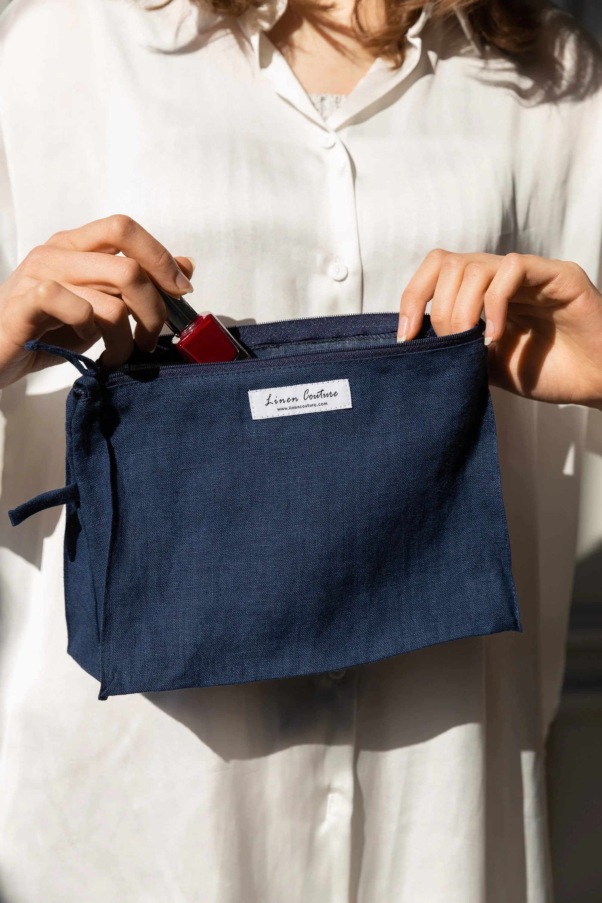 image-Night Blue linen large makeup bag with zipper
