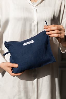 image-Night Blue linen large makeup bag with zipper