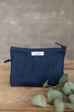 image-Night Blue linen large makeup bag with zipper