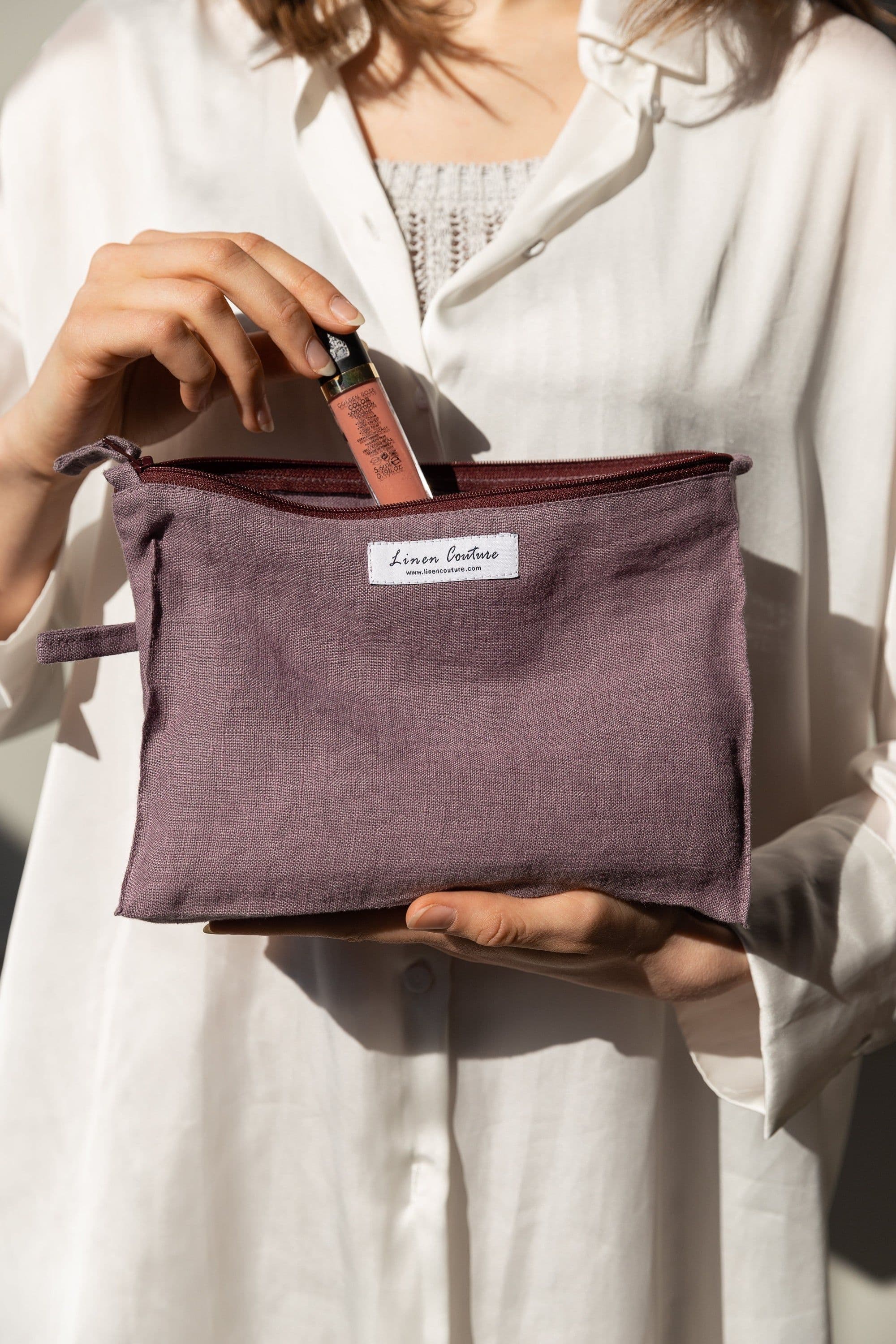 image-Night Blue linen large makeup bag with zipper