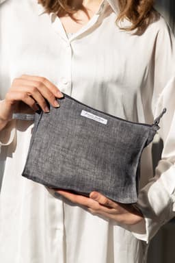 image-Night Blue linen large makeup bag with zipper