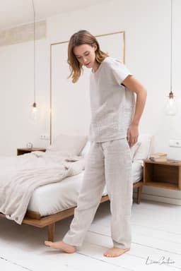 image-Striped Beige linen / Natural Linen Pajama set / Linen loungewear /