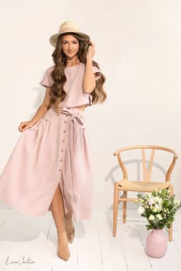 image-Taormina Pale Pink Linen Crop Top and Midi Skirt Co Ord Set