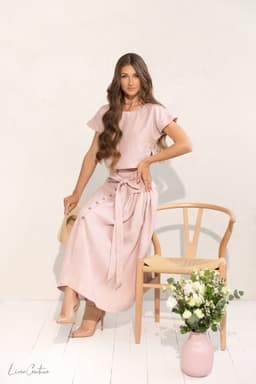 image-Taormina Pale Pink Linen Crop Top and Midi Skirt Co Ord Set