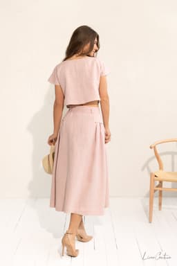 image-Taormina Pale Pink Linen Crop Top and Midi Skirt Co Ord Set