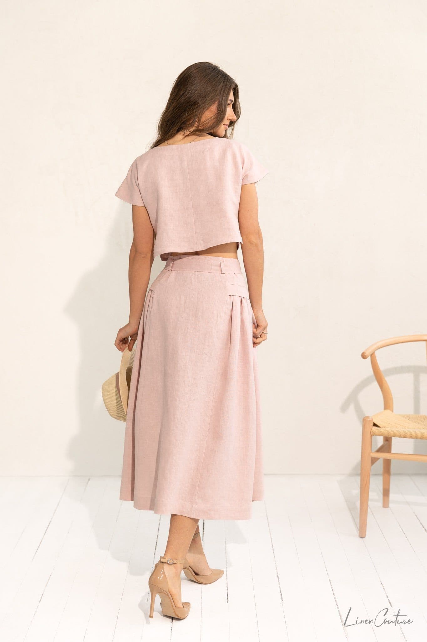 image-Taormina Pale Pink Linen Crop Top and Midi Skirt Co Ord Set