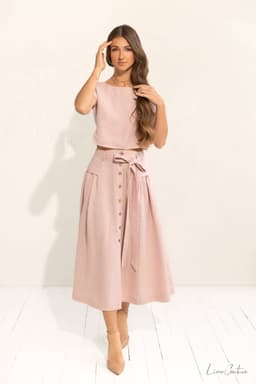 image-Taormina Pale Pink Linen Crop Top and Midi Skirt Co Ord Set