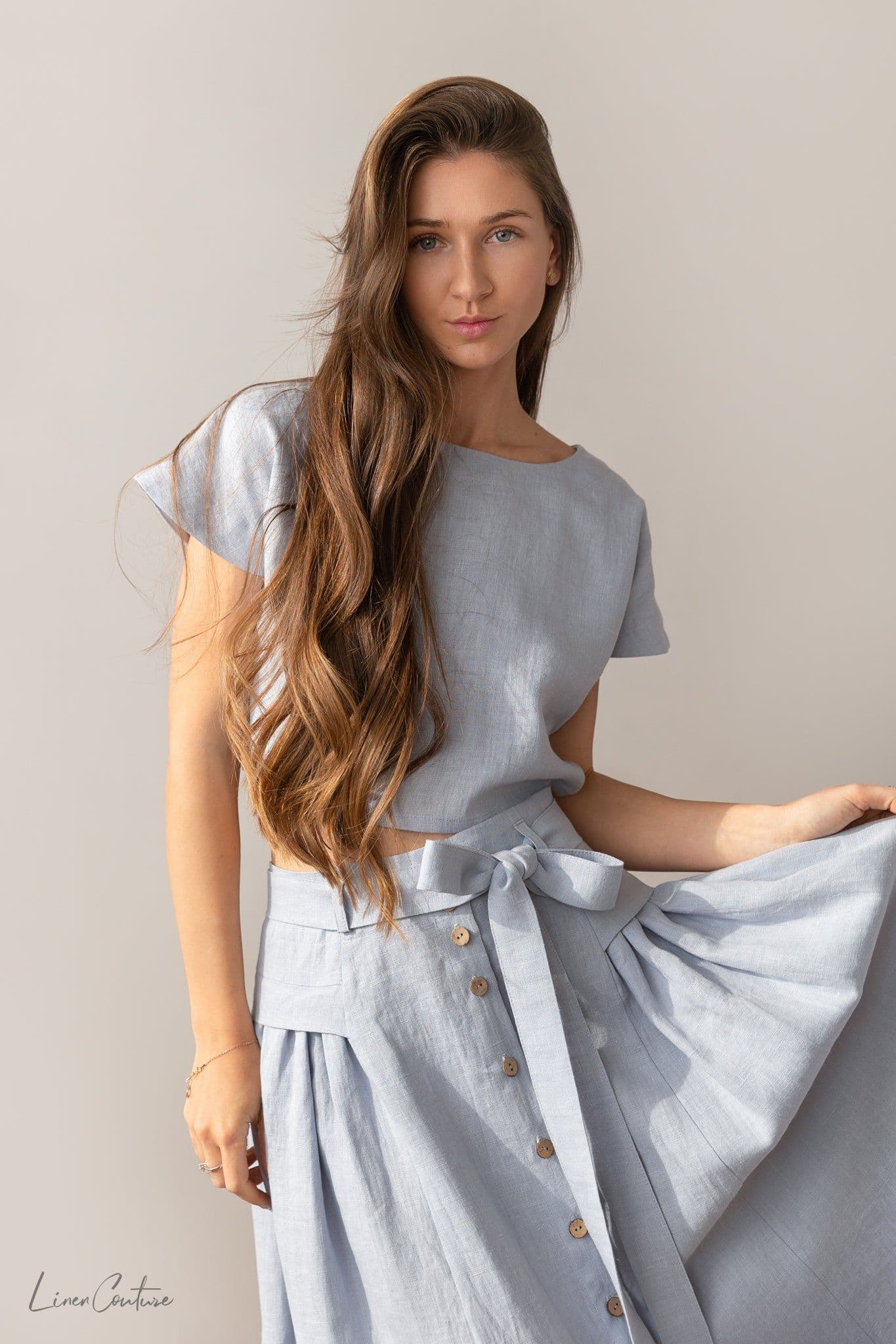 image-Taormina Pale Pink Linen Crop Top and Midi Skirt Co Ord Set