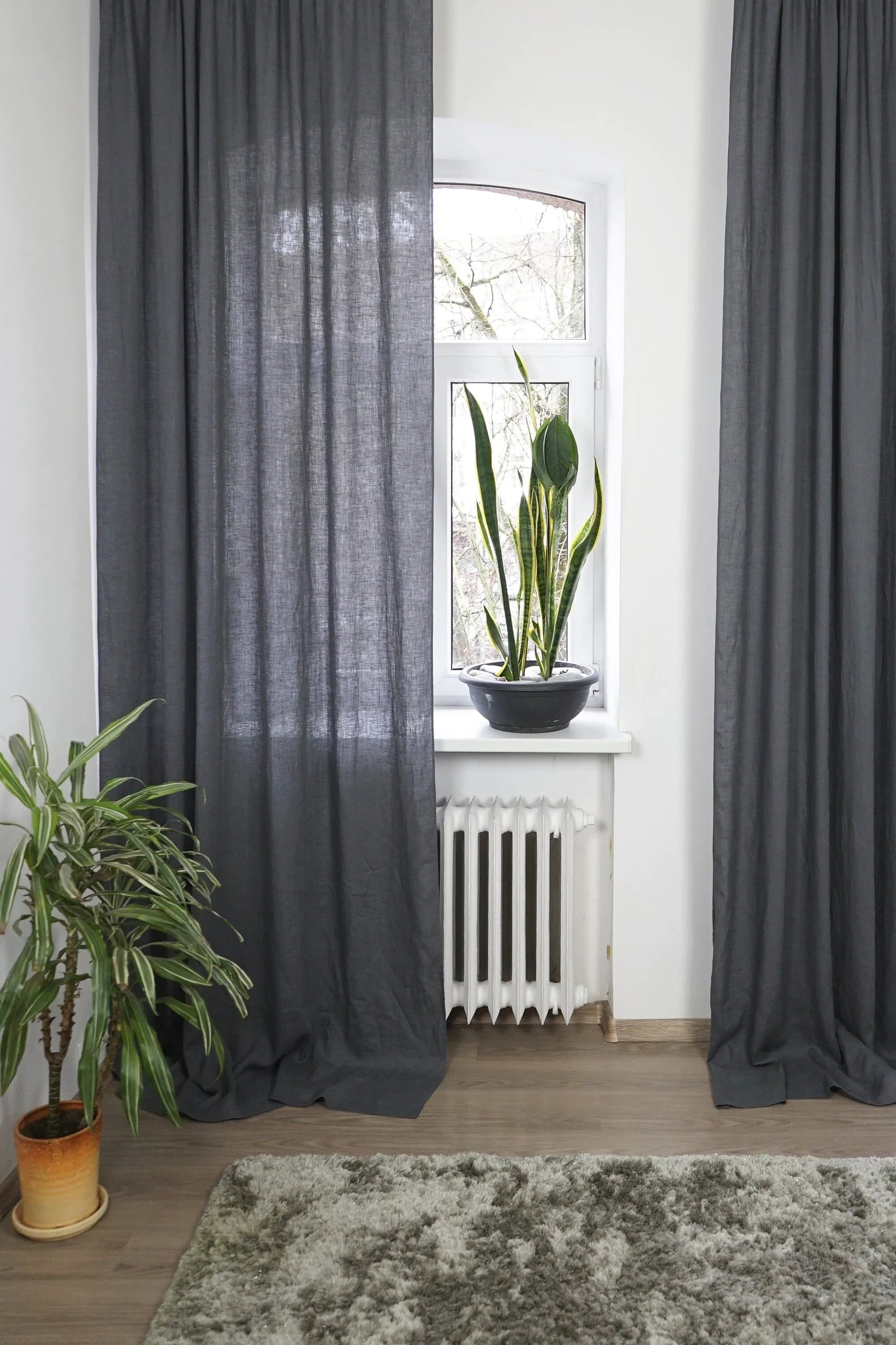 image-Asphalt Grey linen curtain with tabs