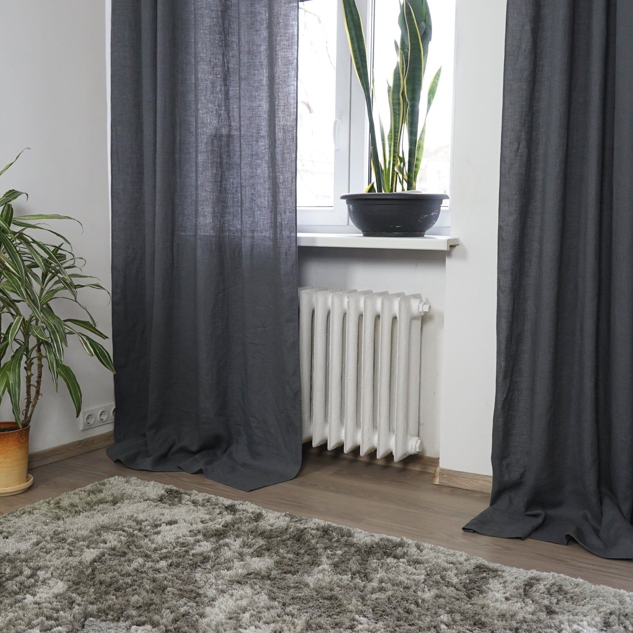 image-Asphalt Grey linen curtain with tabs